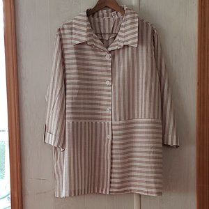 KAKTUS  3X  Striped Tan and White Button Down Duster/Blouse